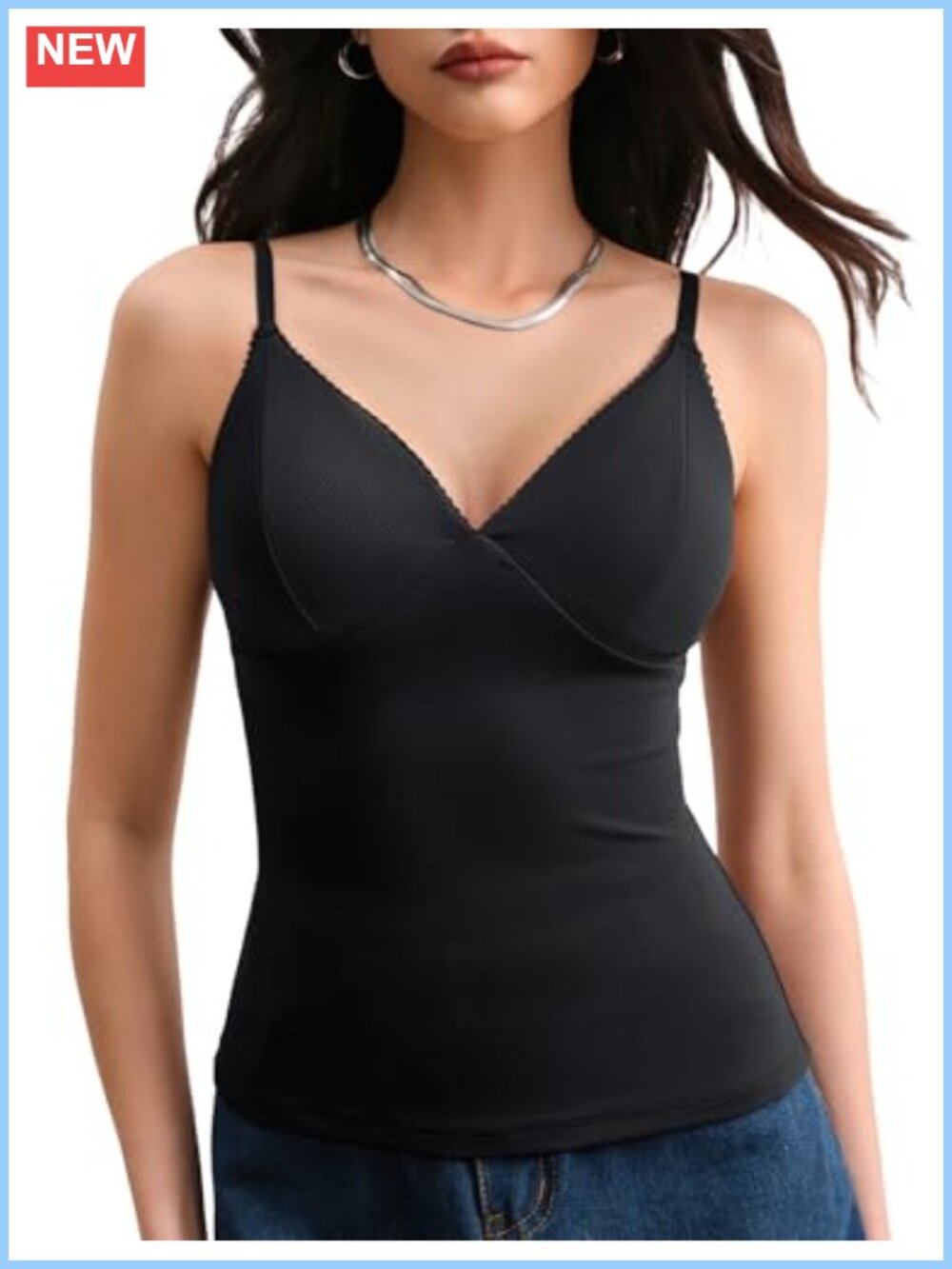 Padded V-Neck Tank Top with Lace Trim and Removable Pads